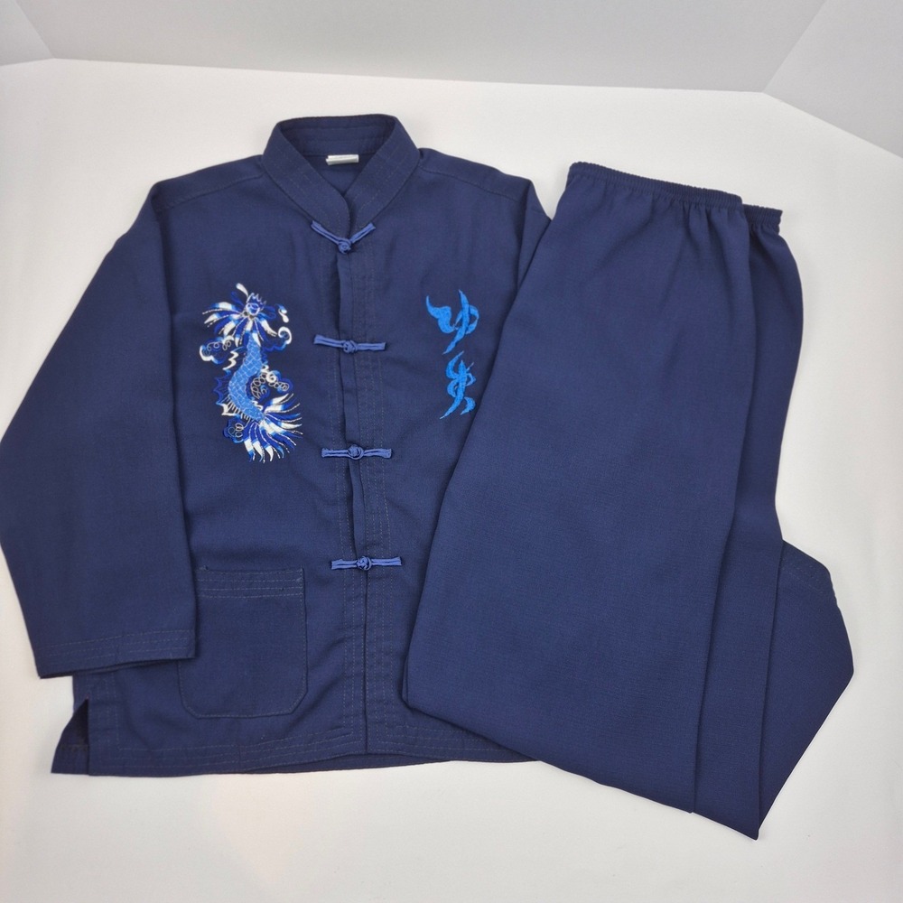Vtg Mimi Kids Dragon Embroidered Asian Outfit Set‎ Navy Blue Top Pants Sz 10 Y2K
